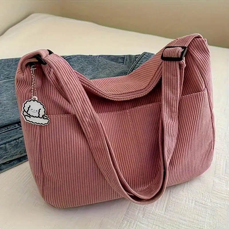 LuxeCarry Corduroy Shoulder Bag Striped Tote With Zipper Closure And Cute Hat Patch For Everyday Use
