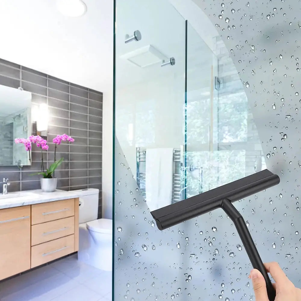 Simples Market matte black silicone shower squeegee for glass surfaces; streak-free on doors, mirrors, tiles