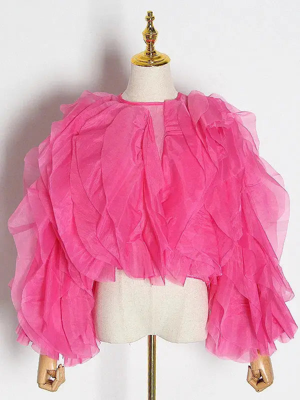 Twotwinstyle Elegant Patchwork Ruffles Chiffon Blouse O Neck Lantern
