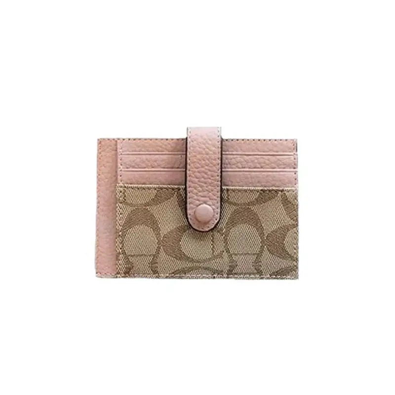 Monogram card holder wallet with pink leather trim on beige signature canvas, ultra-thin envelope style