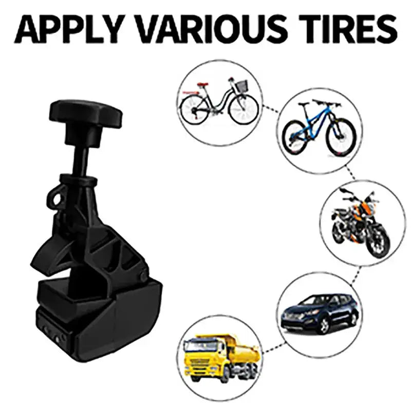 Black universal tire bead clamp tool for rims, compatible with bikes, motorcycles, cars, and trucks