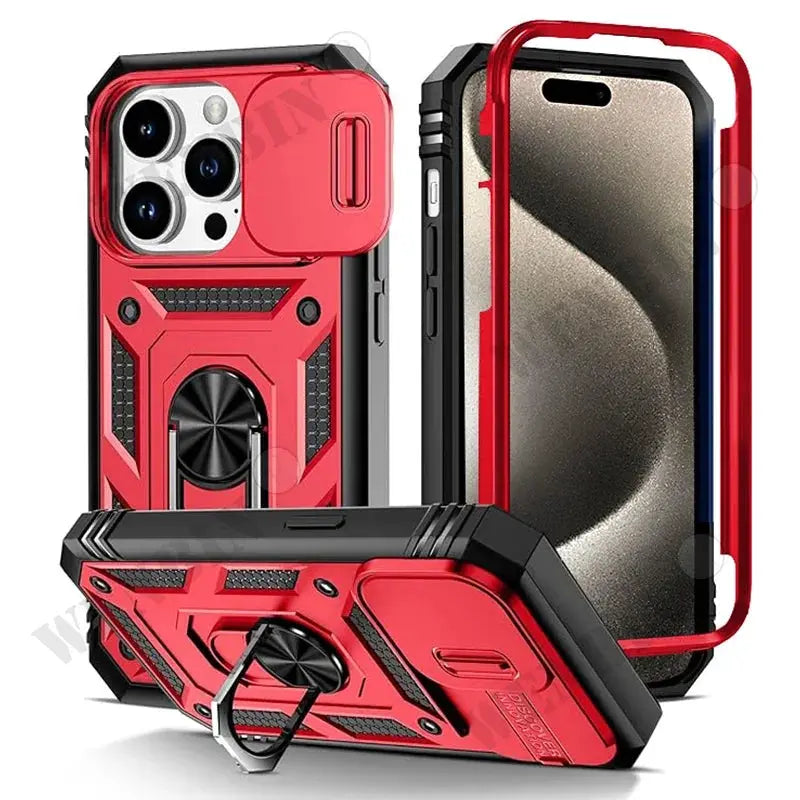 Phone case Simples Market heavy-duty red and black with 360° kickstand and camera protection.
