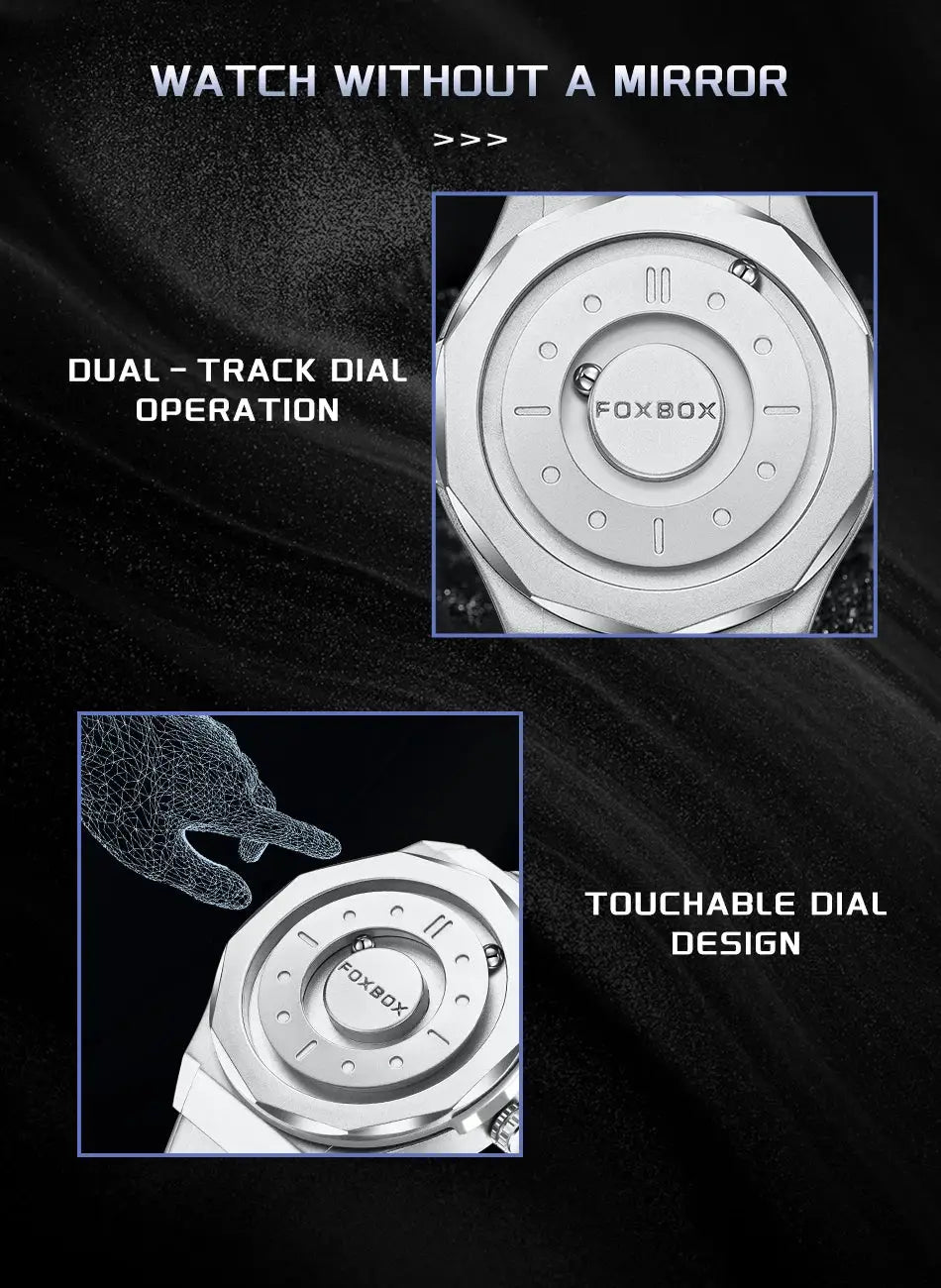 FOXBOX men's stainless steel quartz watch with dual-track dial and touchable design; Simples Market