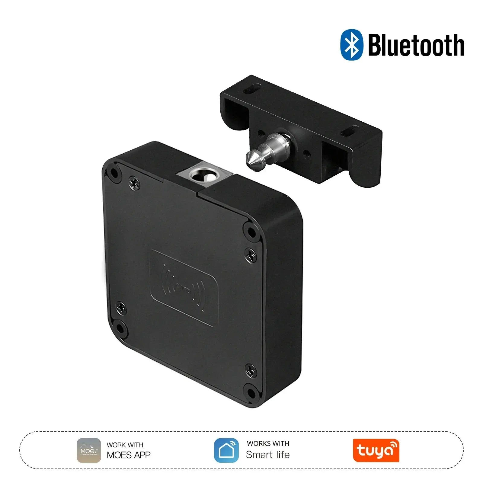 MOES Bluetooth Drawer Lock by Simples Market; black metal, Tuya app compatible for wood cabinet security.