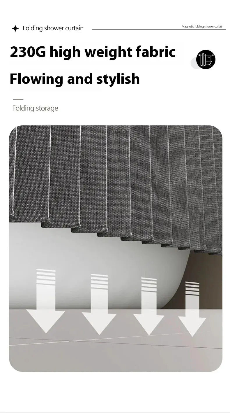 Magnetic foldable linen bath curtain by Simples Market in gray 230G fabric for walk-in showers