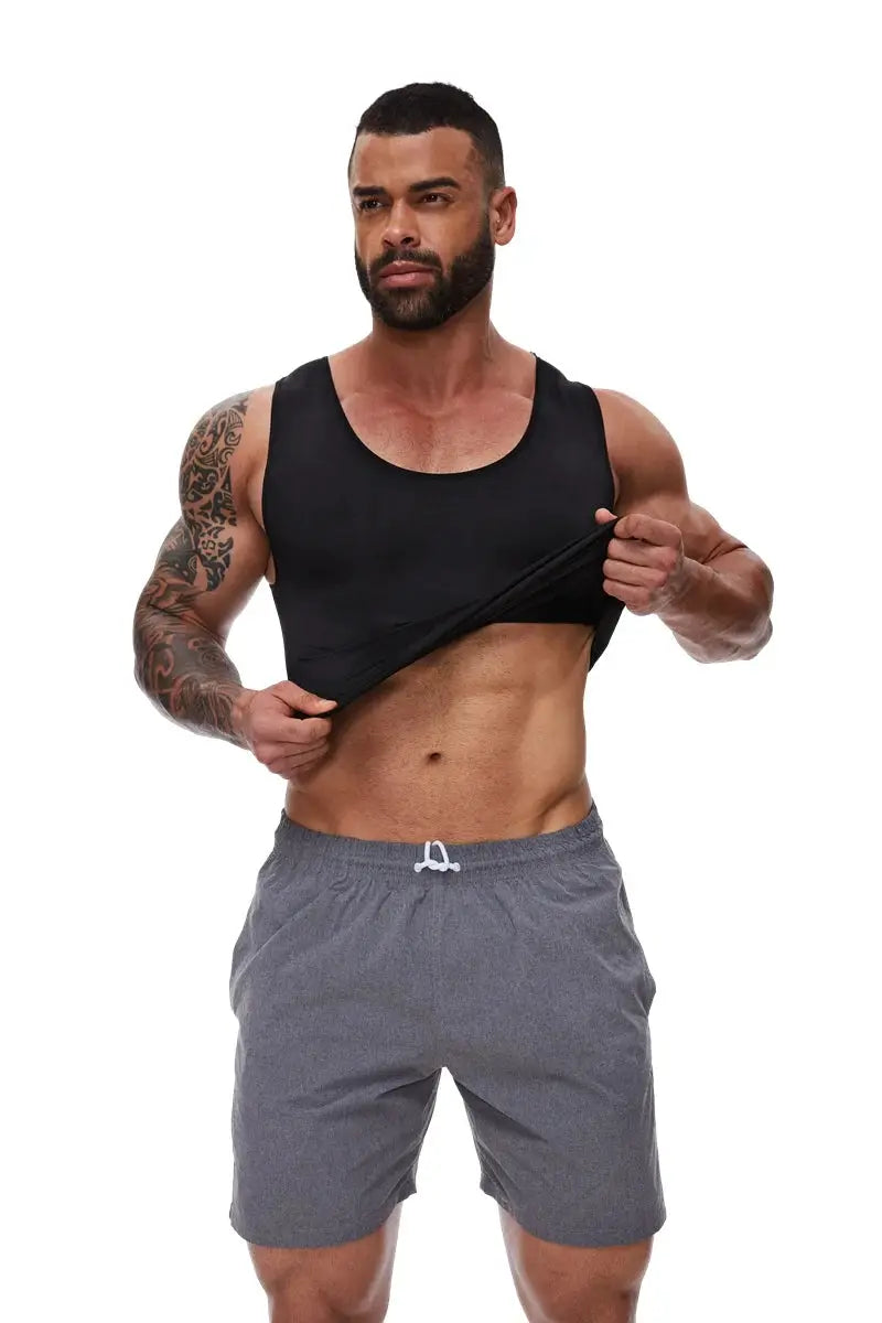Compression shirt by Simples Market, black sleeveless tummy-control shapewear for men, with gray athletic shorts.