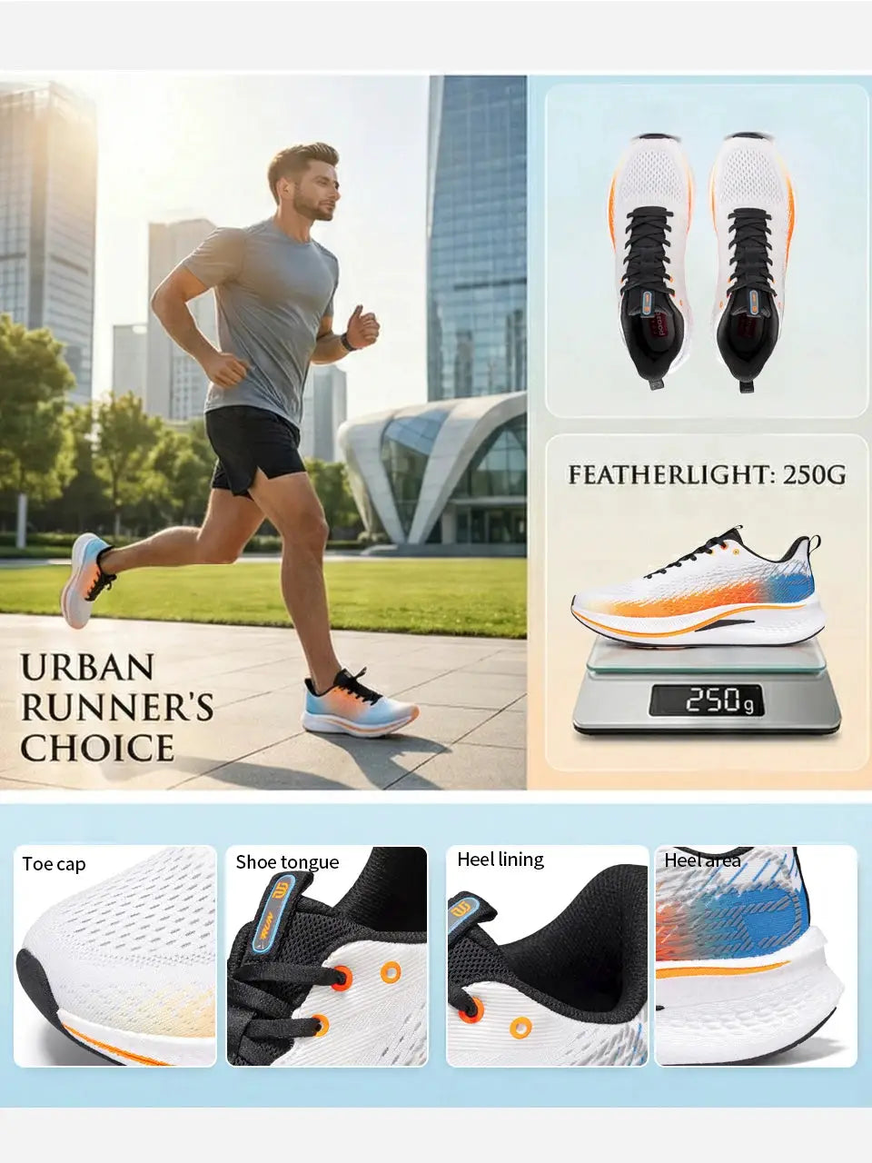 Baasploa men's jogging shoes with carbon plate; breathable, white/orange running sneakers