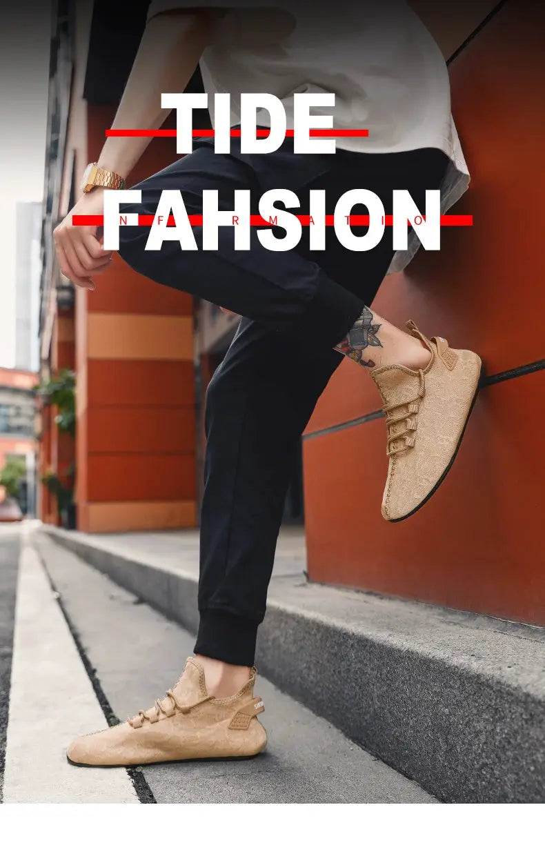 Tan men's loafers driving moccasin style, breathable casual flats on urban sidewalk