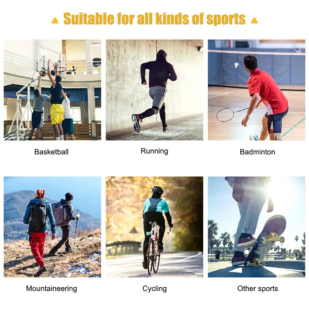 Simples Market kinesiology tape, precut X-shaped elastic sports tape; collage showing 6 sports scenes