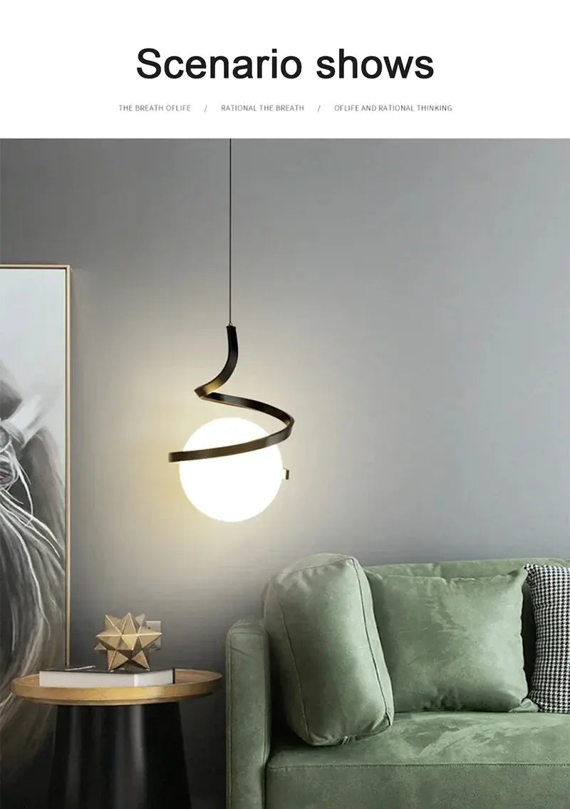 Nordic LED pendant light with black metal spiral frame and white globe for living room decor