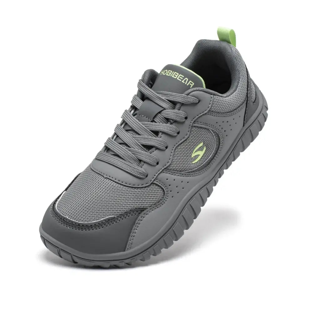 HOBIBEAR unisex wide-toe sneakers, gray breathable mesh, lime logo, lace-up outdoor walking shoes for travel.