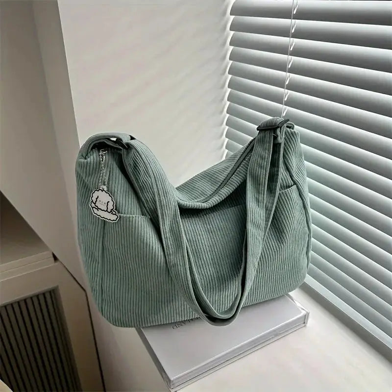 LuxeCarry Corduroy Shoulder Bag Striped Tote With Zipper Closure And Cute Hat Patch For Everyday Use
