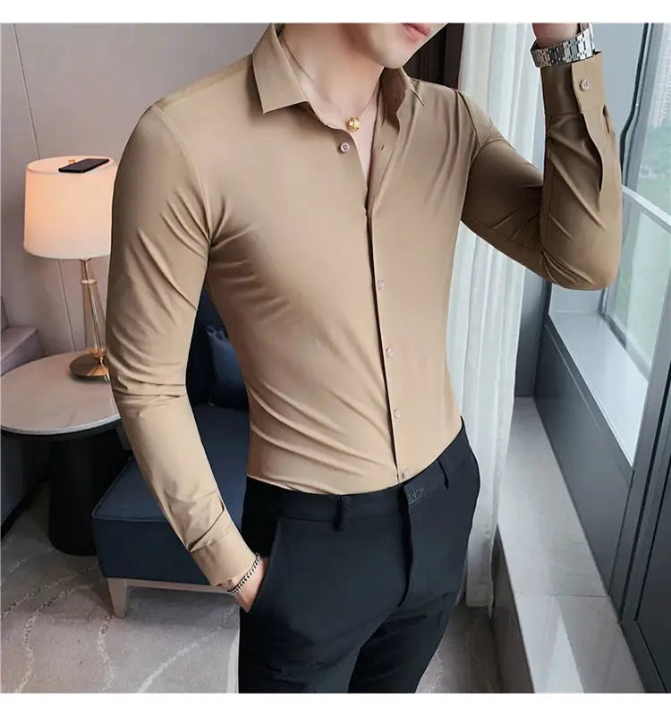 Plus-size 4XL men's long-sleeve seamless shirt, beige, slim-fit dress shirt