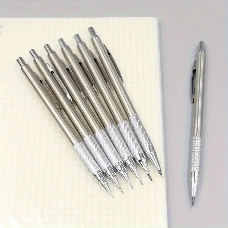 Simples Market all-metal mechanical pencils set of 9 with knurled grips and retractable tips, silver finish