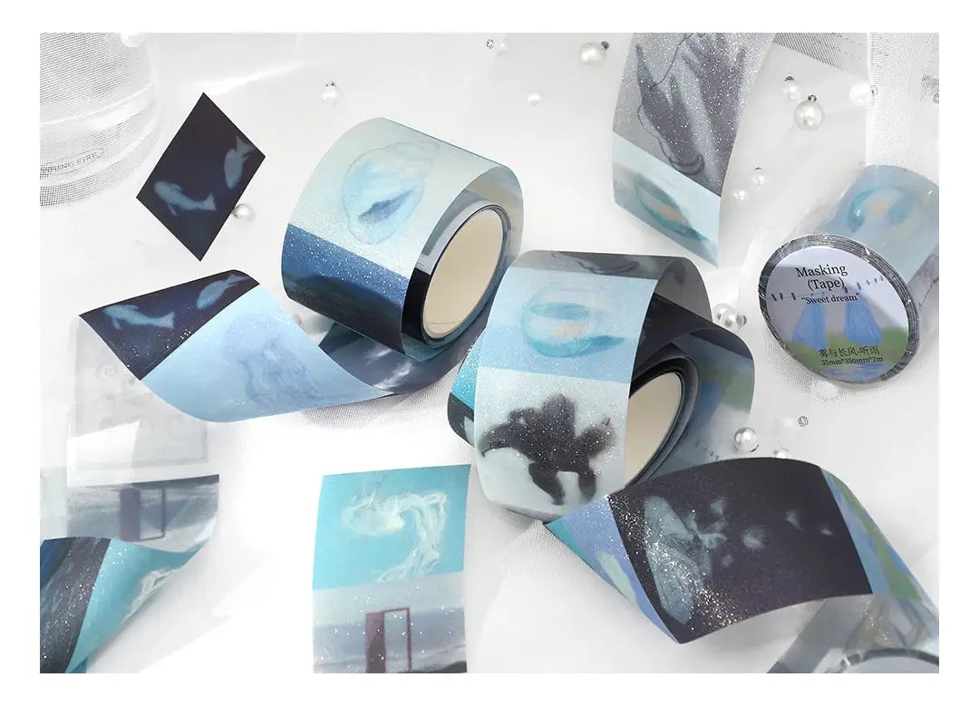 Simples Market decorative masking tape set with blue ocean scenery prints on PET tape for journaling and scrapbooking.