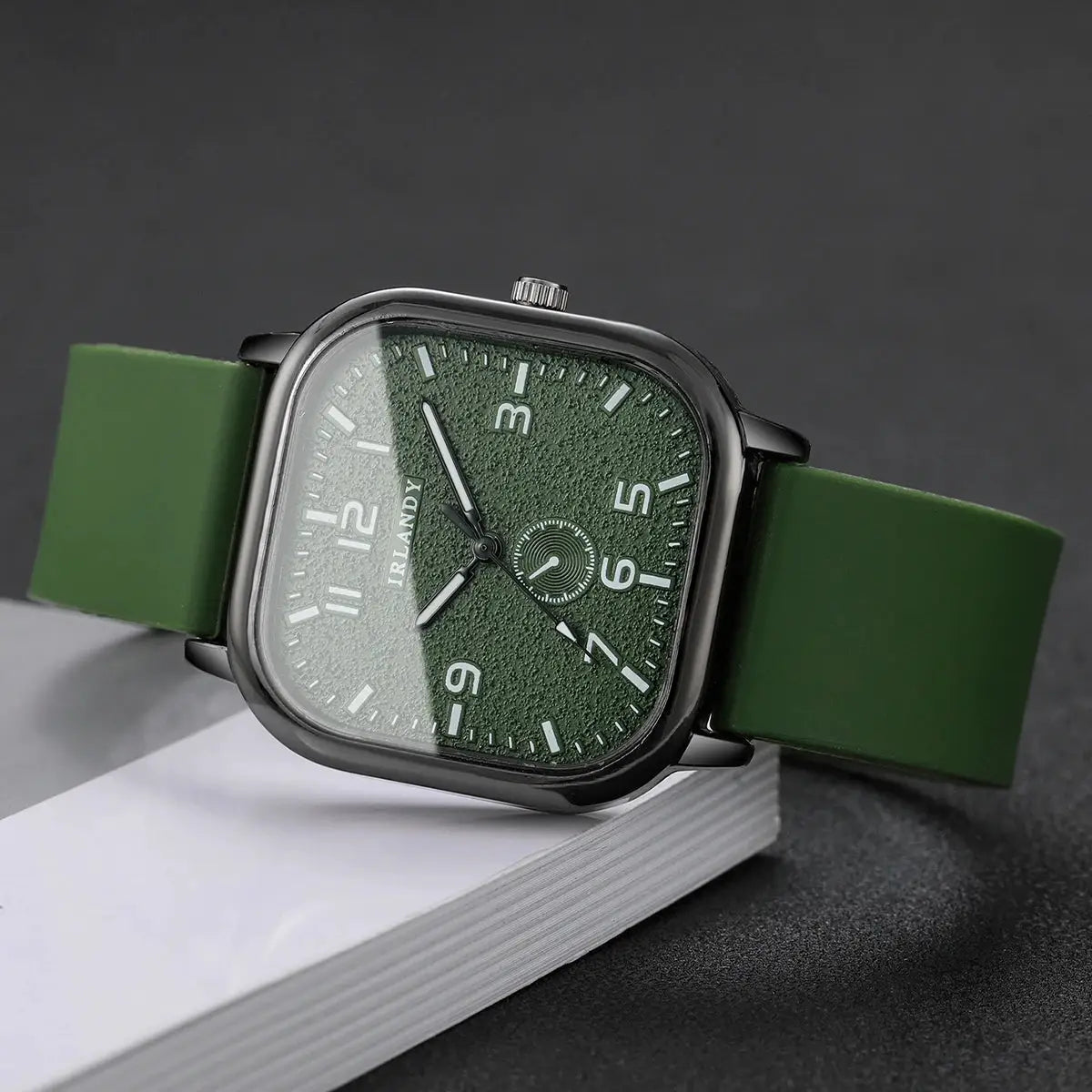 Simples Market square fashion watch with IRLANDY logo, green textured dial and green silicone strap