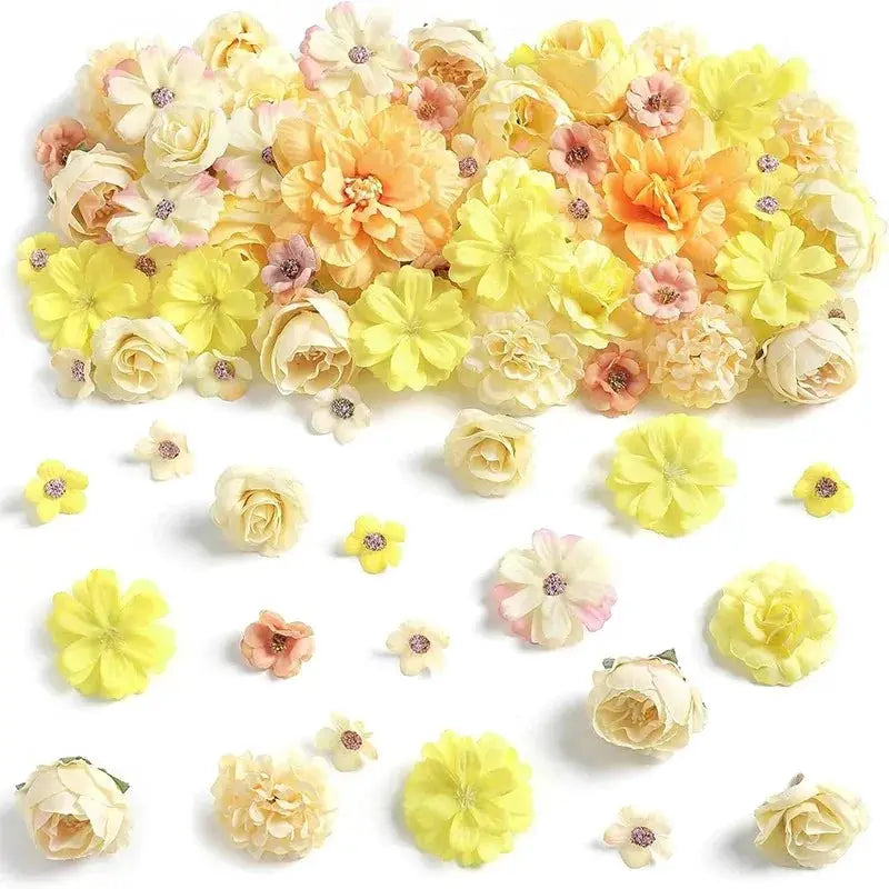20Pcs Silk rose artificial flower heads by Simples Market, 4cm, yellow/cream/peach for wedding decor and DIY crafts