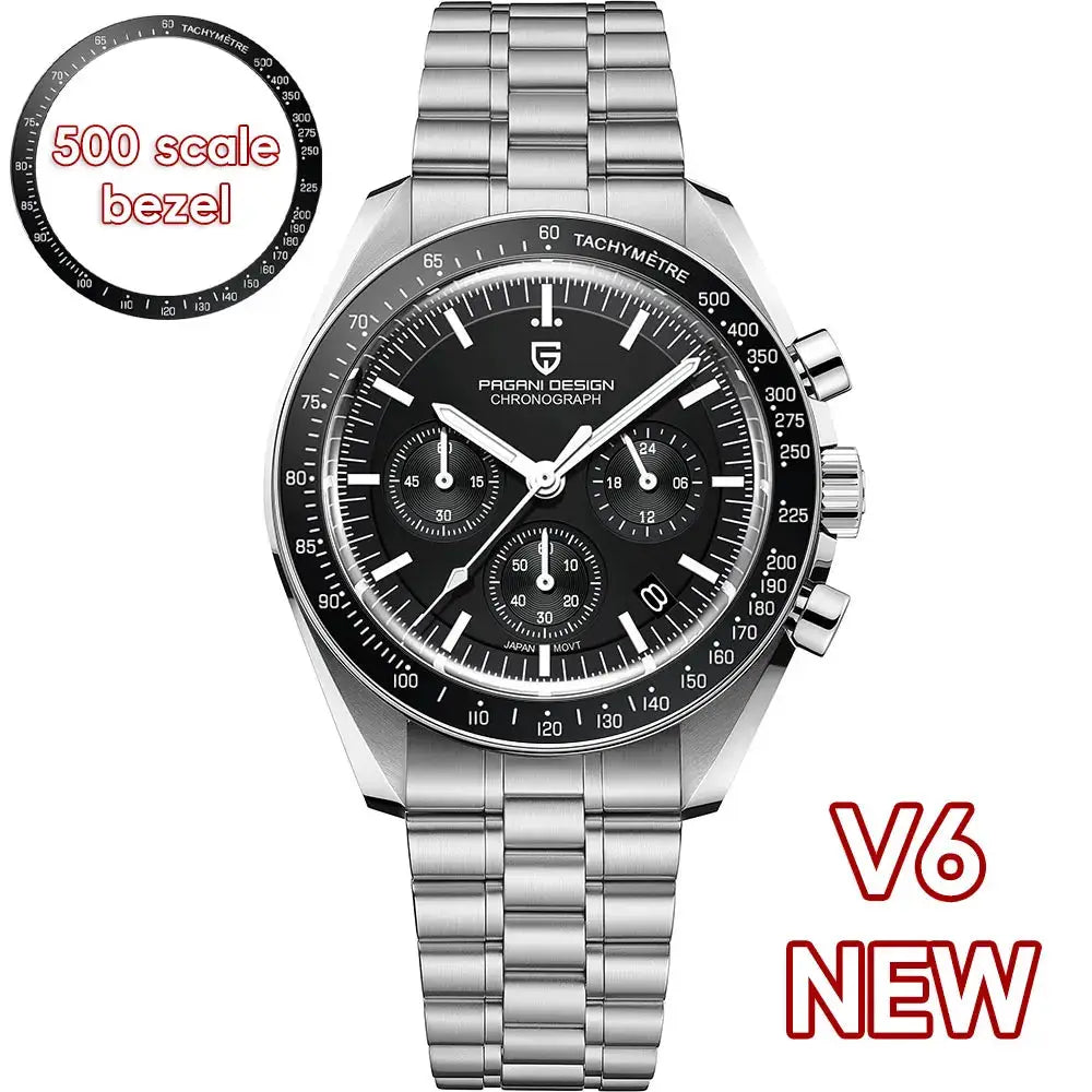 PAGANI DESIGN men's stainless steel chronograph watch with black dial and tachymeter bezel