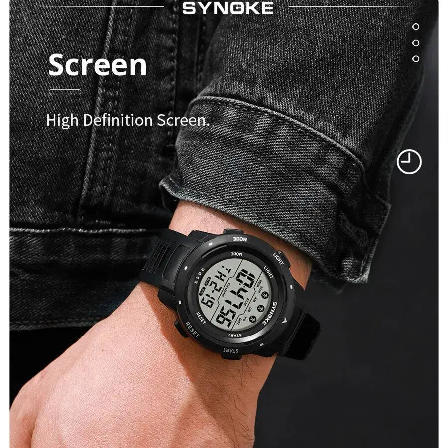 SYNOKE men's digital sport watch with a large LCD screen, black strap, 50m water resistant