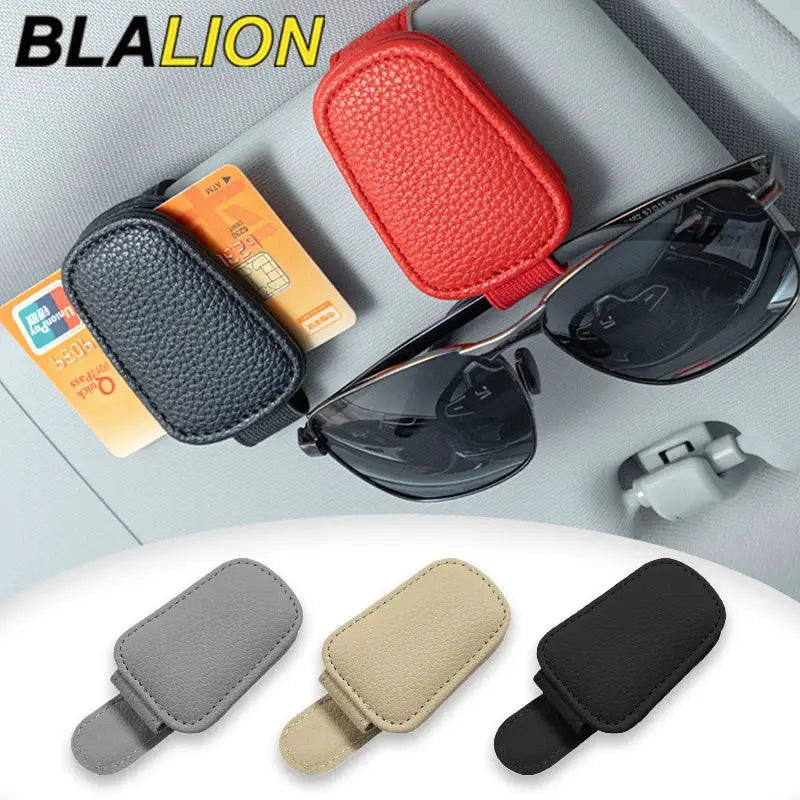 Car sun visor clip glasses case and sunglasses holder; BLALION PU leather cases in gray, beige, black (3)