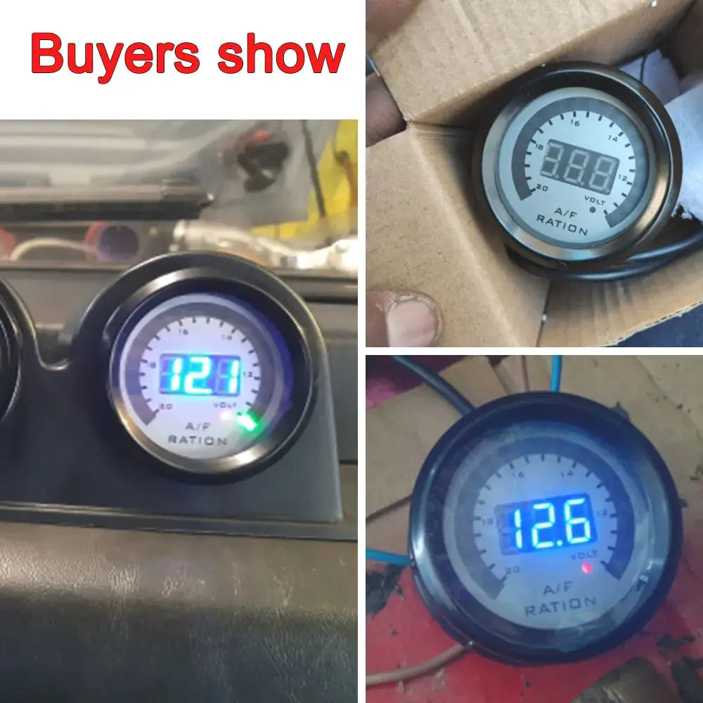 2'' 52mm AFR gauge with 2-in-1 voltmeter for 12V cars, blue backlit digital readout (three views).