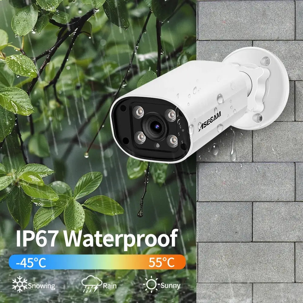 ASECAM outdoor IP camera, white 8MP/4K CCTV with dual-light, mounted on brick wall, IP67 waterproof.