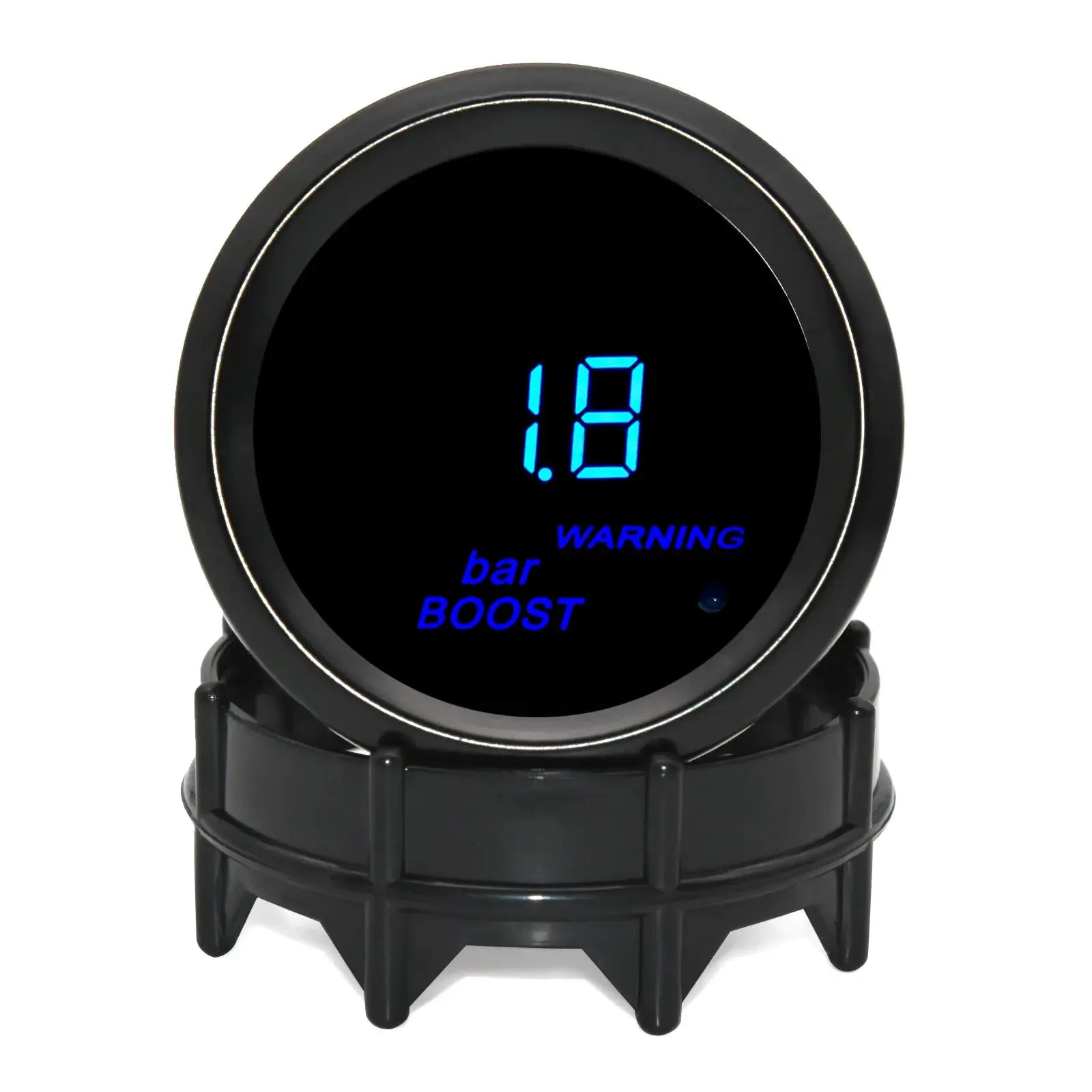 Universal 2-inch digital automotive gauge with blue LED display showing 1.8 in a black housing.
