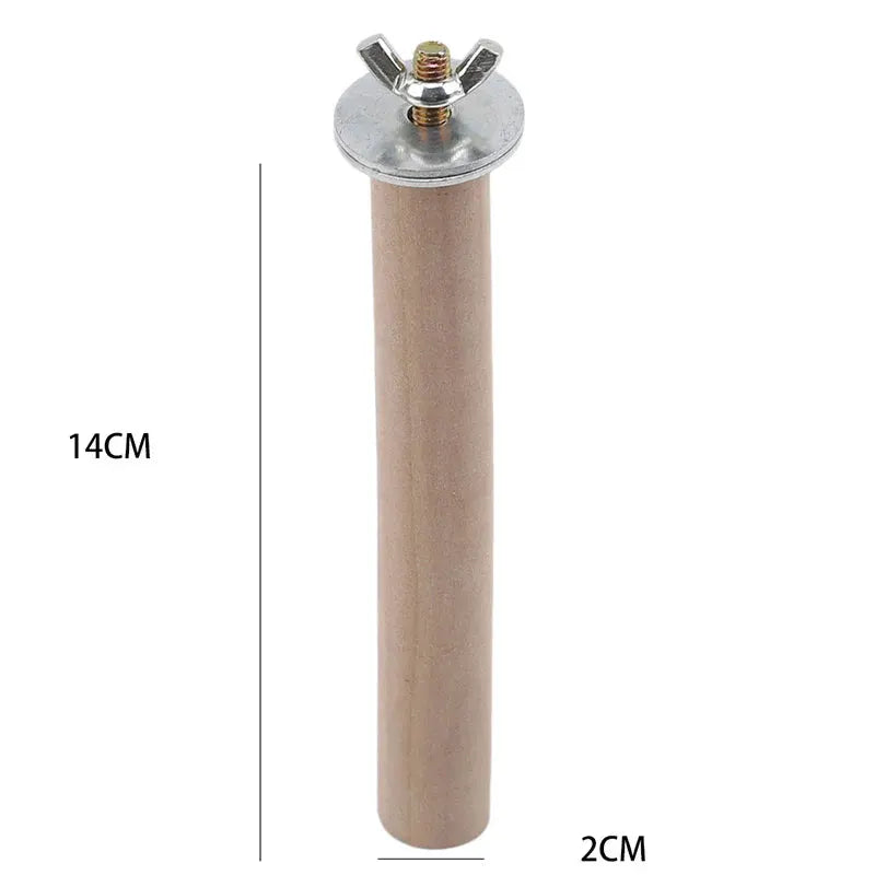 Parrot wood perch stand with metal mounting plate, natural wood finish, 14 cm tall, 2 cm diameter