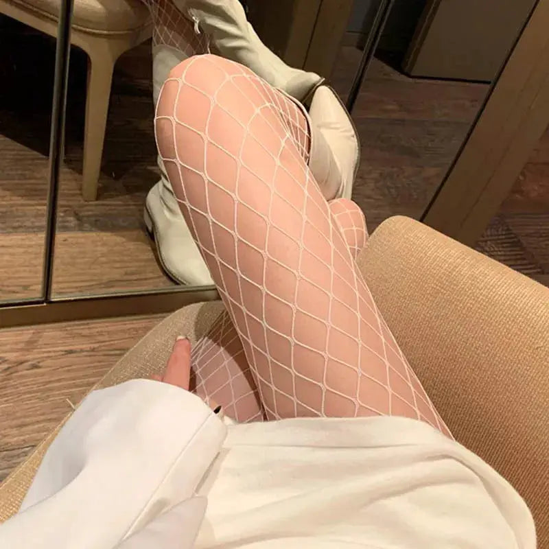 Aurora Couture White High Waist Fishnet Stockings With Breathable Nylon Mesh For Cosplay And Everyday Wear