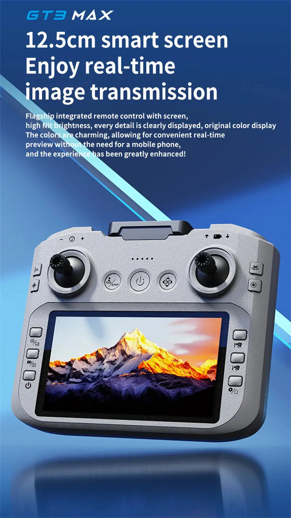 GT3 MAX drone remote controller with built-in 12.5cm screen in grey, displaying mountain scenery.