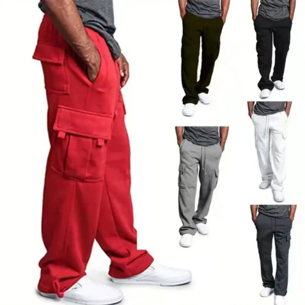 Simples Market men's cargo sweatpants in six colors; red primary pair with large pockets and loose jogger fit.
