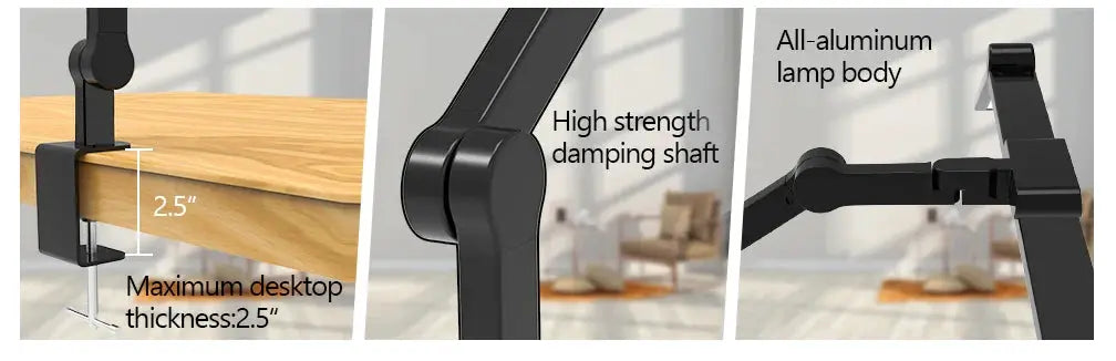 LED desk lamp with clamp; all-aluminum body, 24W auto-dimming, adjustable arm; fits desks up to 2.5 inches
