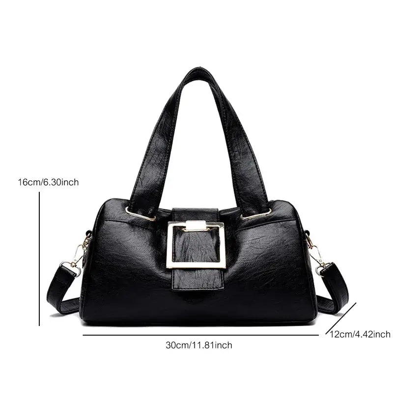 Women's black leather top-handle bag with gold square buckle, detachable strap, large capacity.