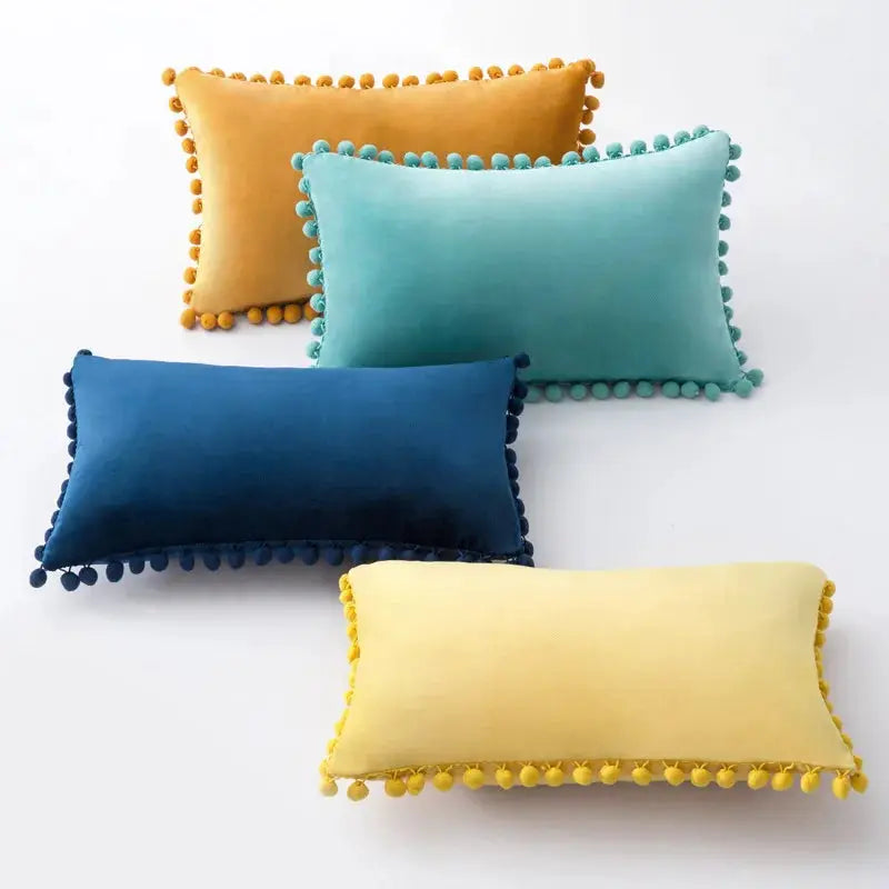 Velvet cushion covers 4-pack with pom-pom tassels in mustard, teal, navy and yellow