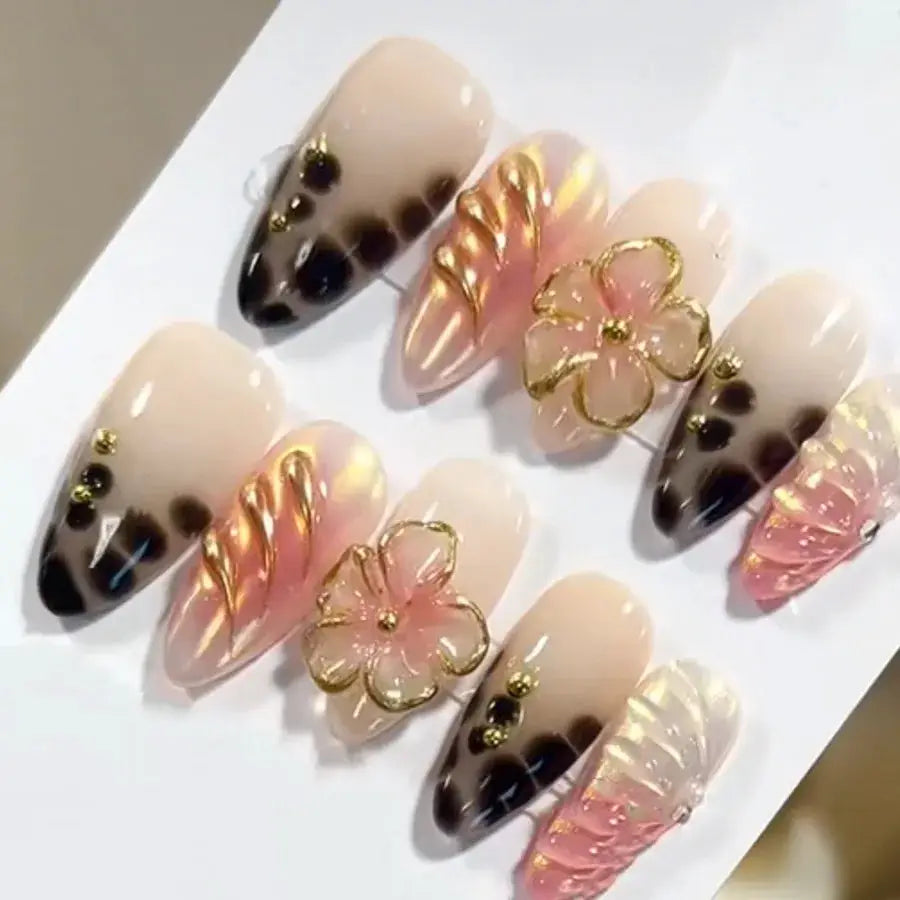 GlamNail Pink Almond Press On Nails Full Coverage Carved Flower 3D Ripple French Tips Golden Pearl Finish