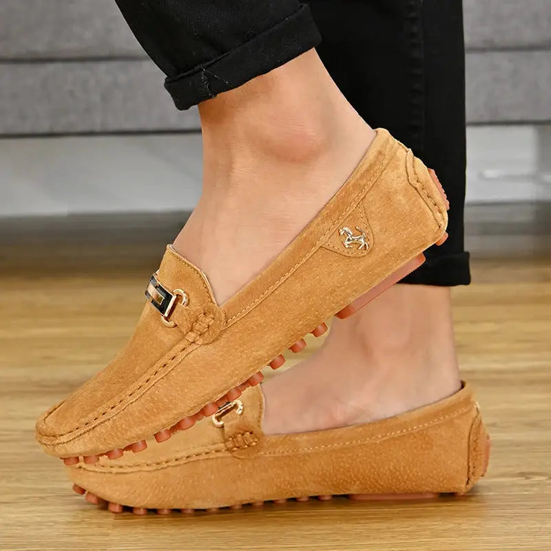 YRZL men's tan suede loafers driving moccasins with metal bit, Simples Market