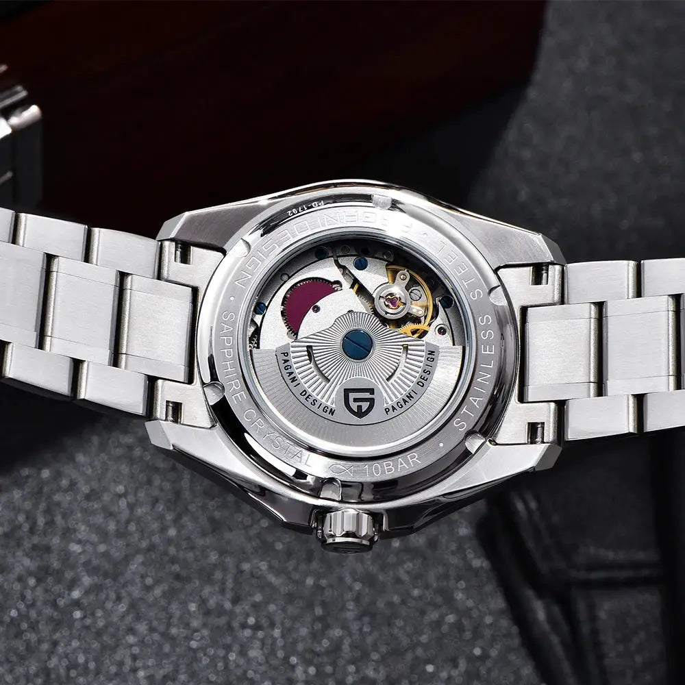 Pagani Design GMT men's stainless steel automatic watch with sapphire glass and transparent case back