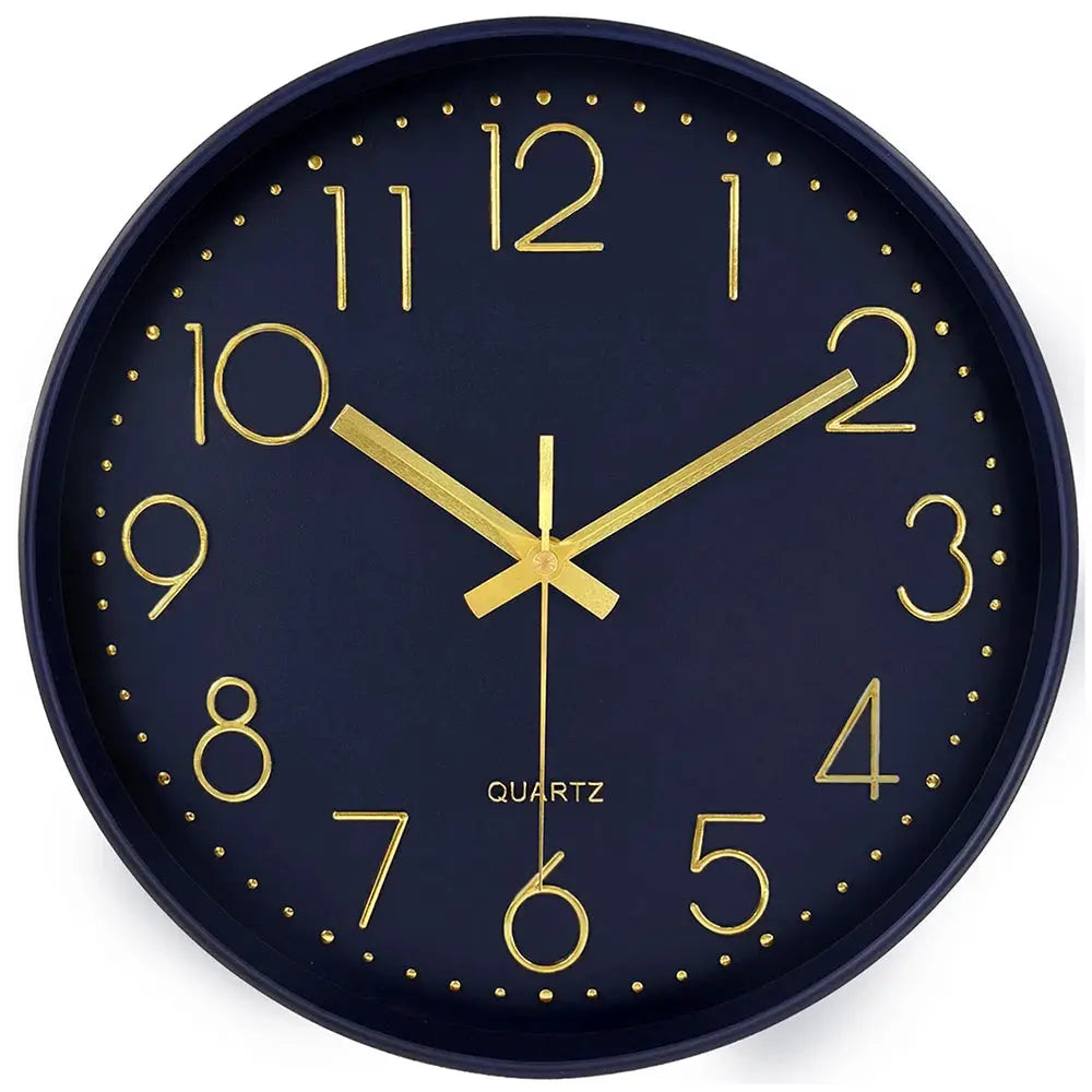 Simples Market navy blue wall clock with gold 3D numerals and hands, tempered glass, quartz