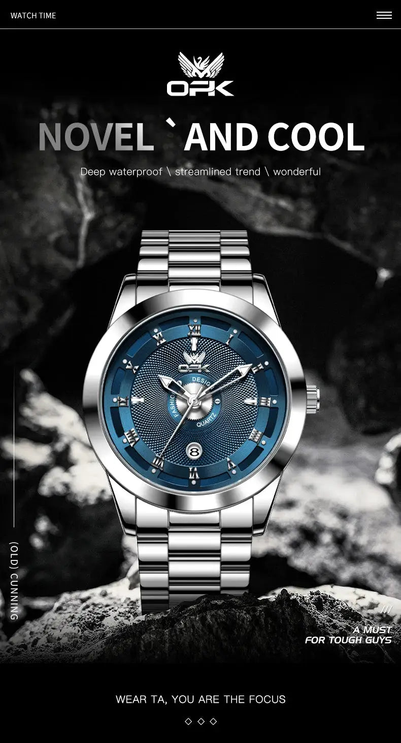 OPK 6056 men's stainless steel watch with blue textured dial and silver bracelet