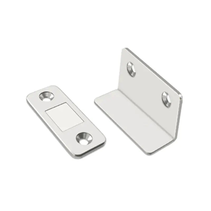 Two-piece L-type magnetic cabinet door catch set in silver metal with mounting plate and strike