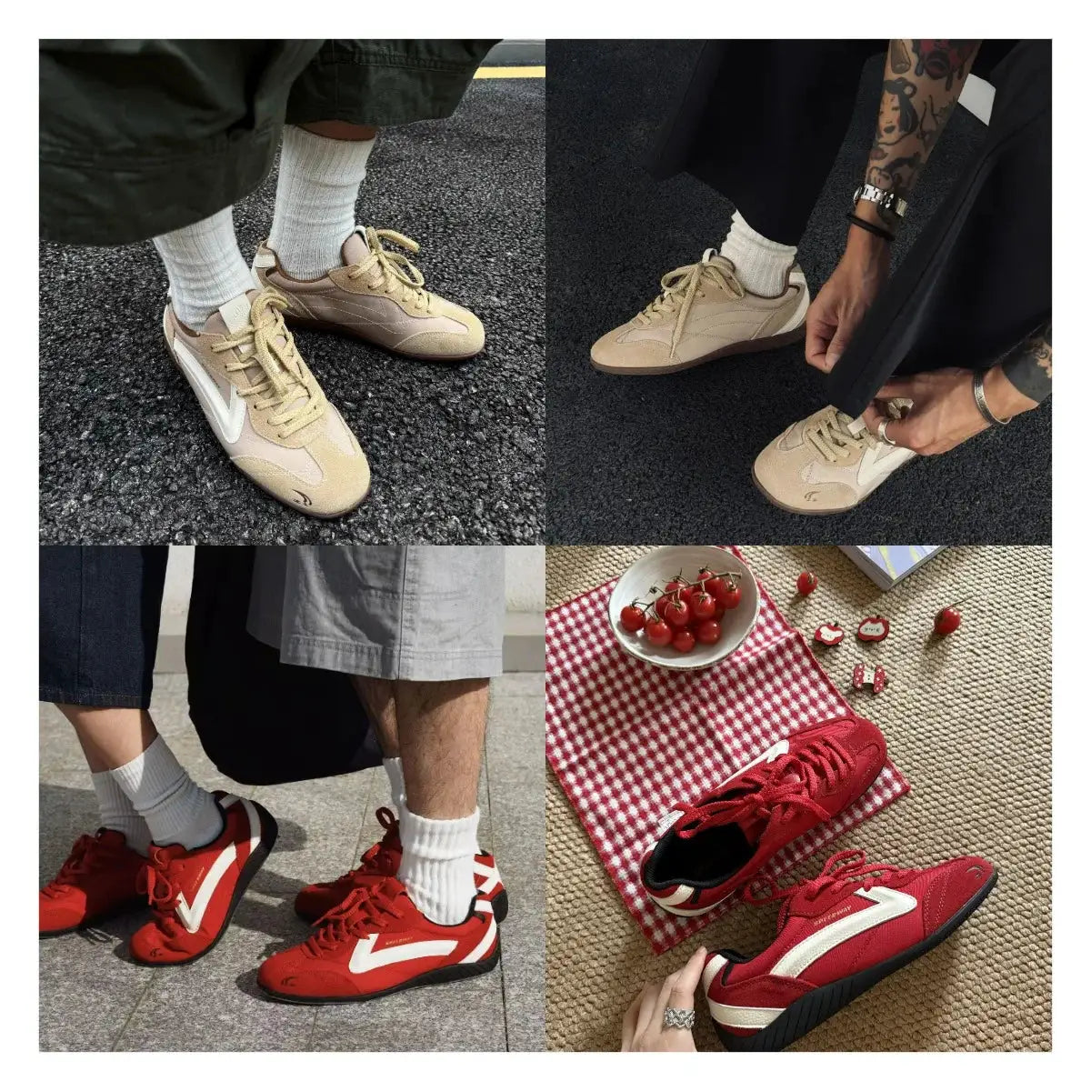 Simples Market Maden unisex patchwork racing sneakers; beige and red lace-up breathable trainers collage of four pairs
