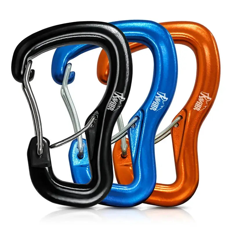 Hammock carabiners set of 3 by Simples Market in black, blue and orange; aluminum alloy hanging hardware