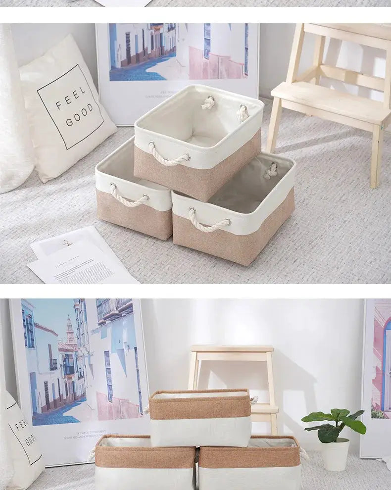 Linen fabric storage baskets, 3-pack with handles, beige with white trim, foldable Simples Market