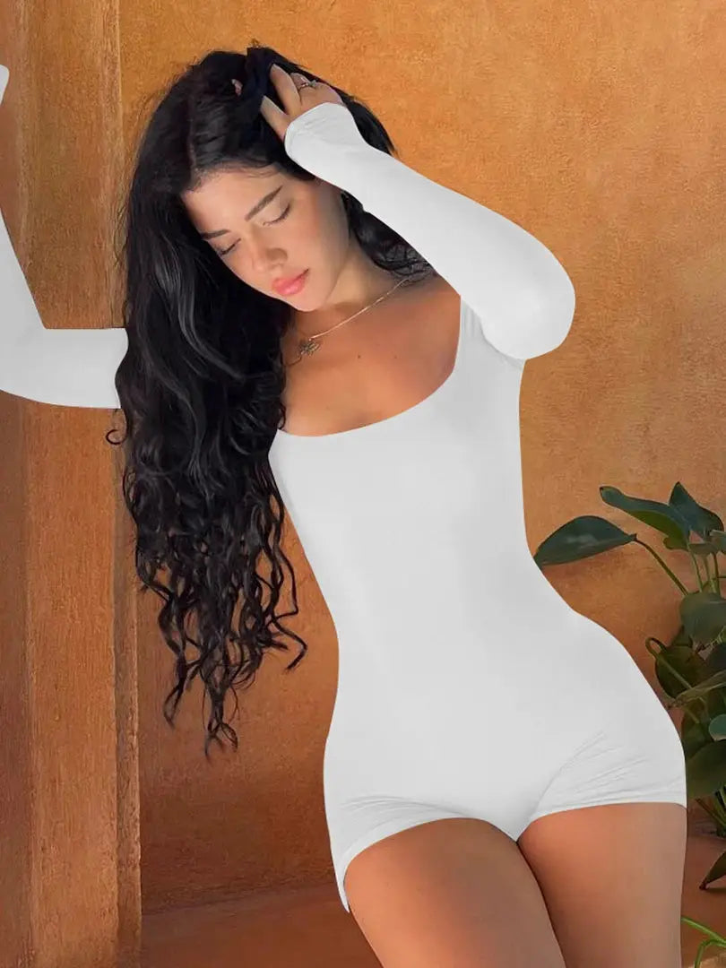 Hugcitar white long-sleeve fitted playsuit; slim bodycon silhouette for women.