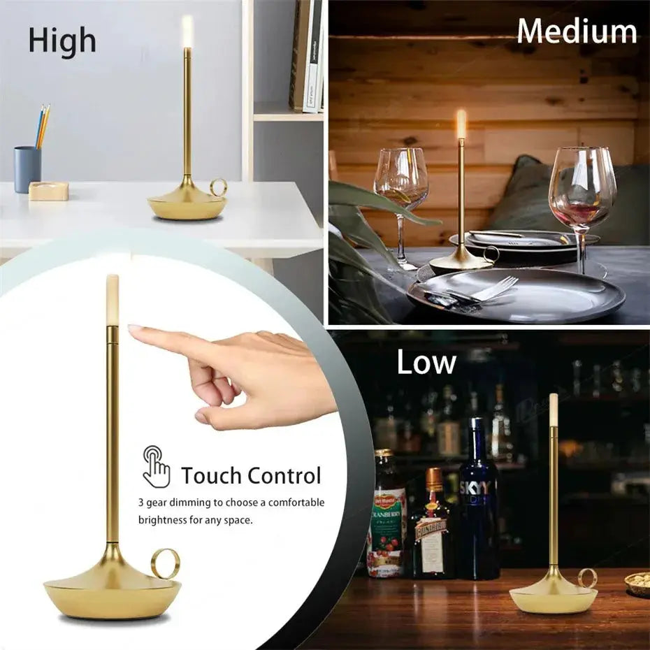 Gold Atmosphere LED Candle Lamp with USB charging, touch control and dimming for desks or tables