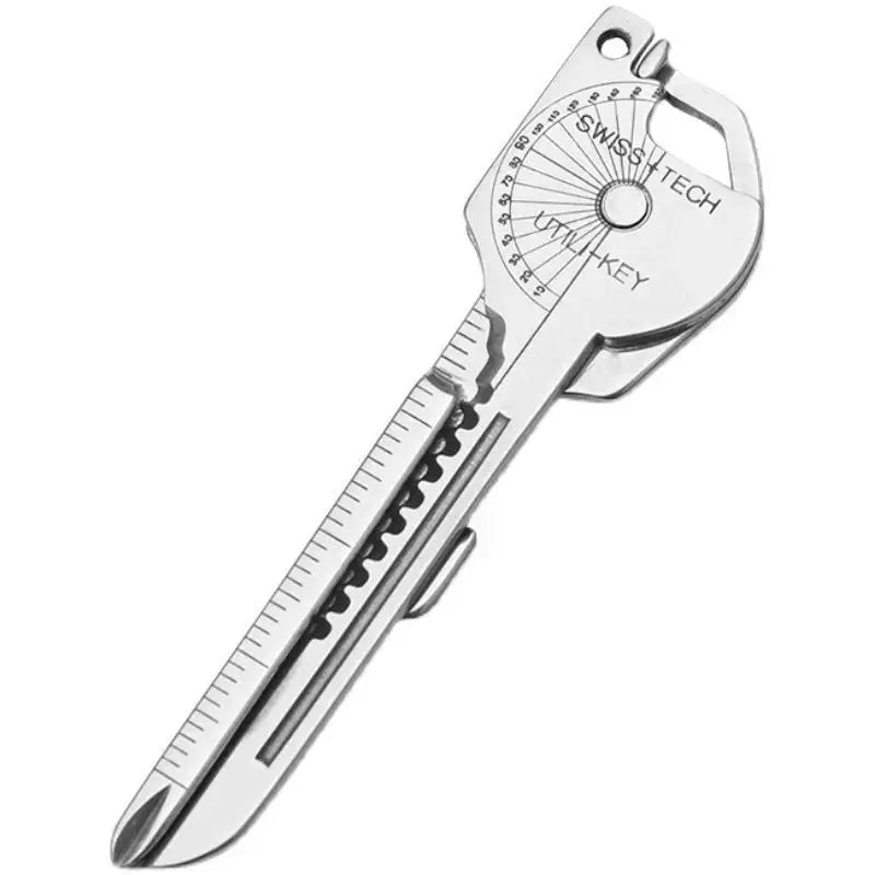 8-in-1 multi-tool keychain by Swiss Tech with folding screwdriver, bottle opener, and ruler in silver metal