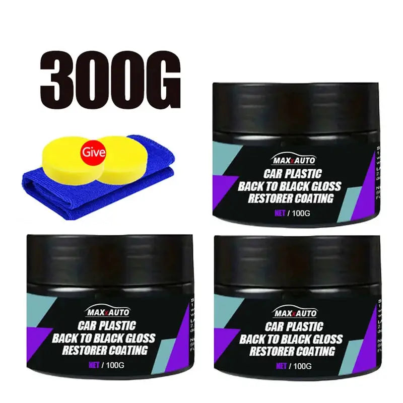 Car plastic back-to-black gloss restorer coating jars (3 x 100g) by Max Auto with yellow sponge and blue cloth