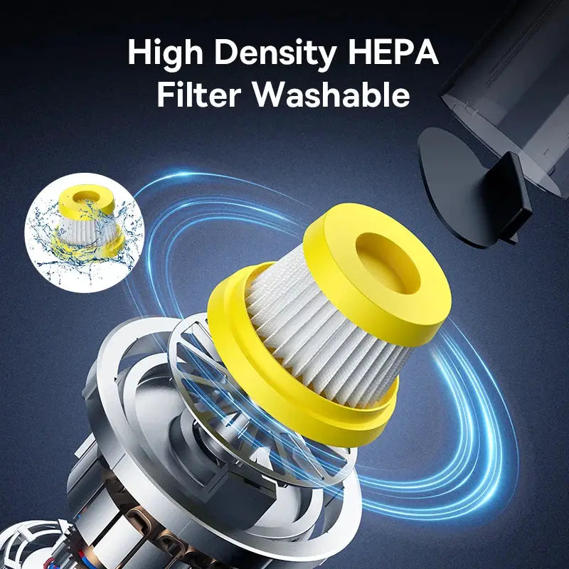 Baseus cordless car vacuum cleaner with yellow washable HEPA filter