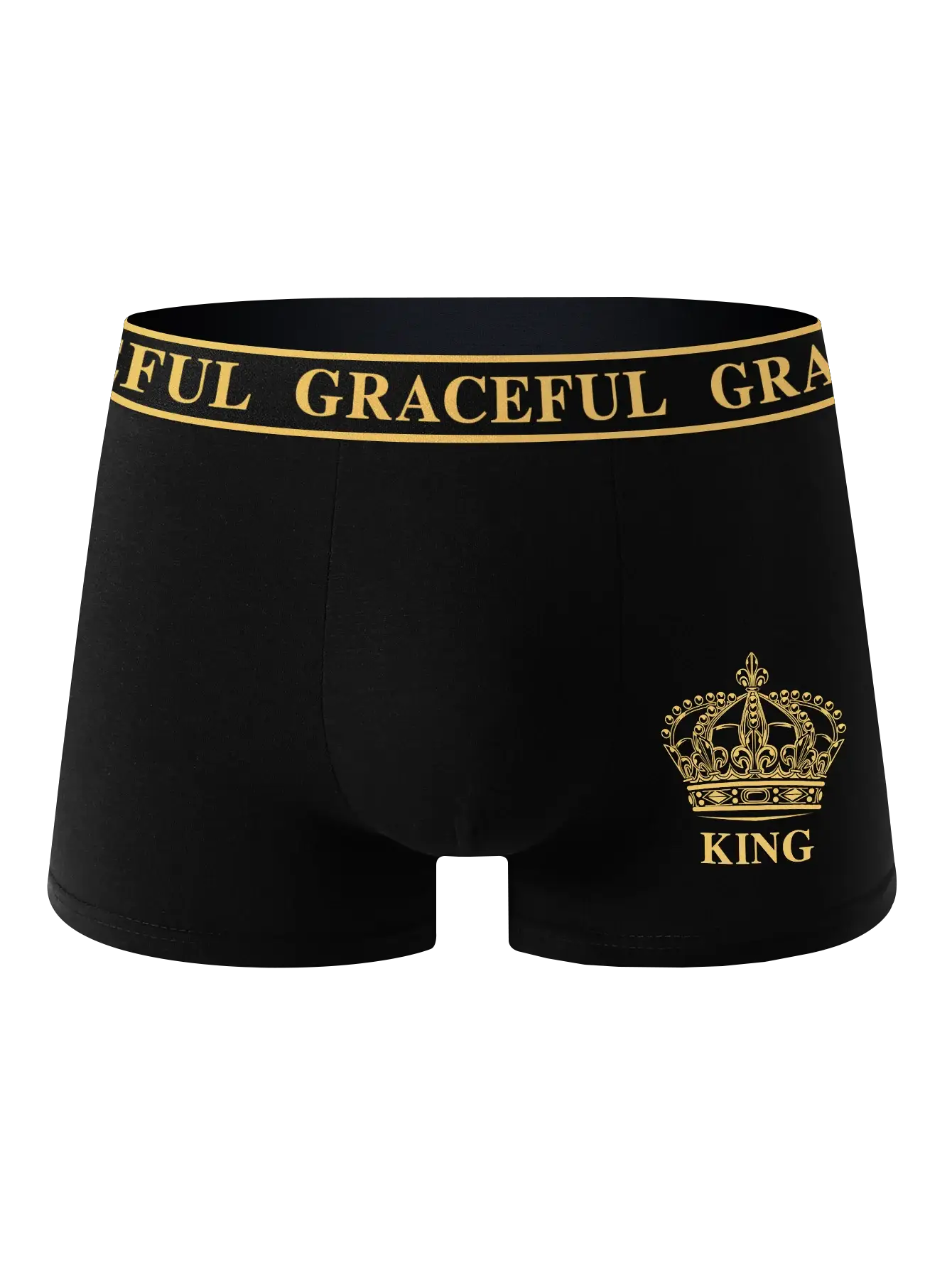Men's black boxer briefs with gold waistband and KING crown logo
