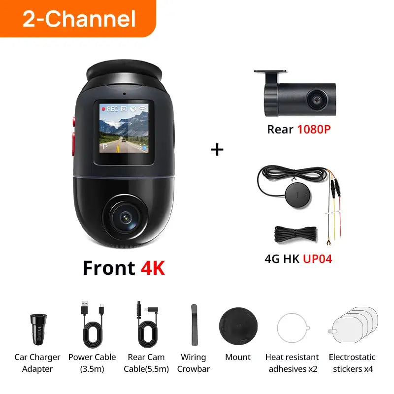 70mai Dash Cam 4K Omni X800 Global Version with 360° front/rear cameras, HDR and 4G, plus cables, mount and accessories.